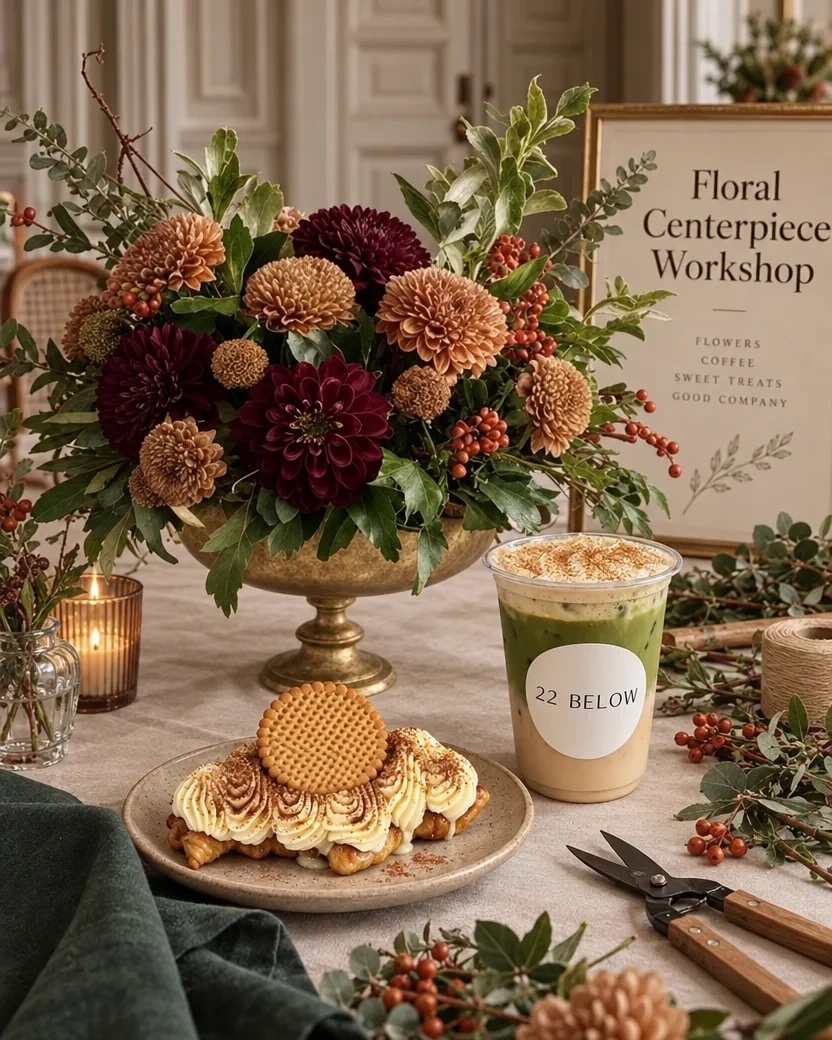 A fall centerpiece of burgundy dahlias and bronze mums in a golden urn on the worktable, with a pumpkin croffle and a 22 Below pumpkin matcha beside it