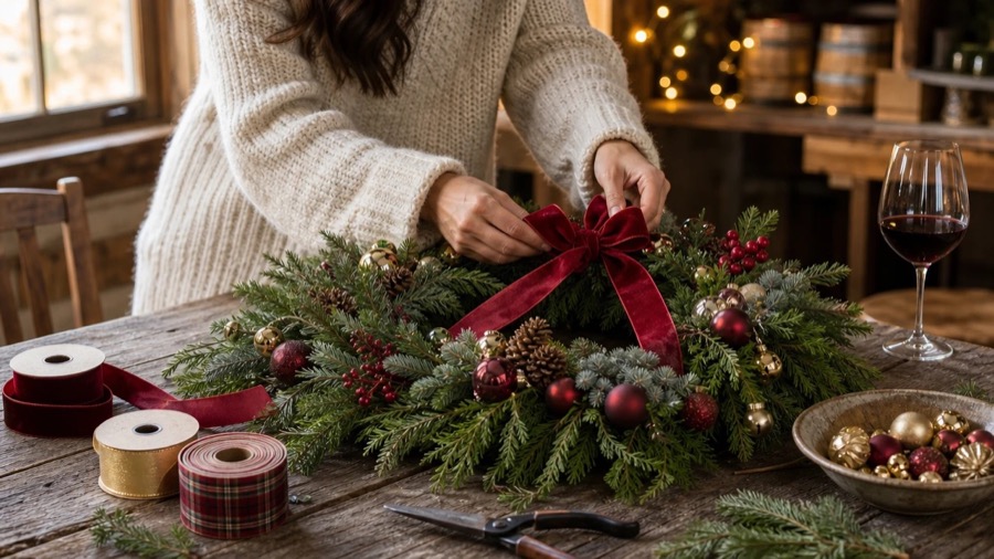 Tying a red velvet bow onto a fresh evergreen wreath with ornaments, ribbon spools and a glass of red wine on the worktable